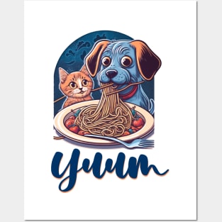 Funny Little Cat and Dog Eating Spaghetti Posters and Art